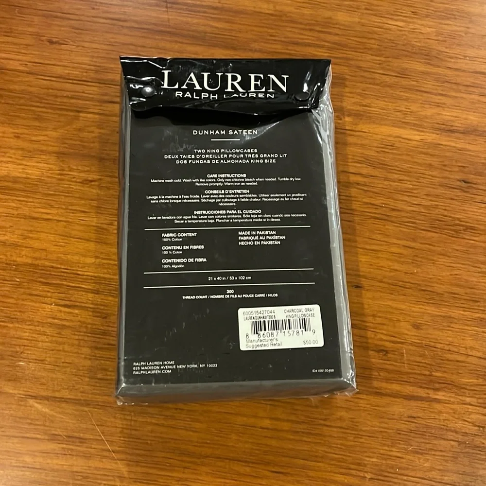 Ralph Lauren Dunham King pillowcase x 2 Charcoal Gray 300ct 21x40 pillow cases